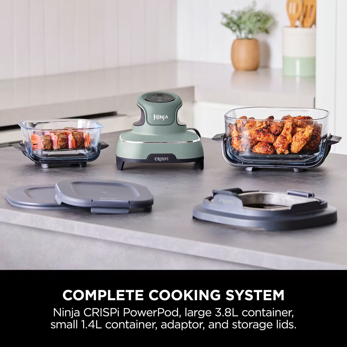 Ninja CRISPi 4-in-1 Portable Glass Air Fryer - Sage & extra TempWare Glass Container Bundle